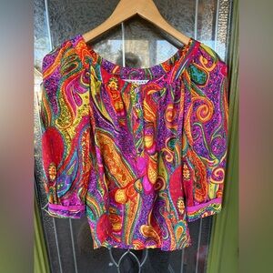 Trina Turk Silk Baggy Bright Colorful Floral 3/4 Length Sleeve Boho Top Loose Sm